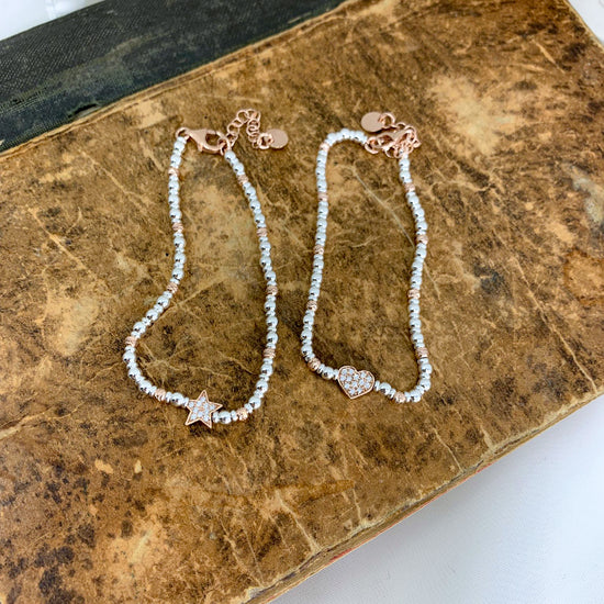 Bracciale sfere rodio e rosé argento 925 con cuore - stella di zirconi in linea - Lumiere Bijoux