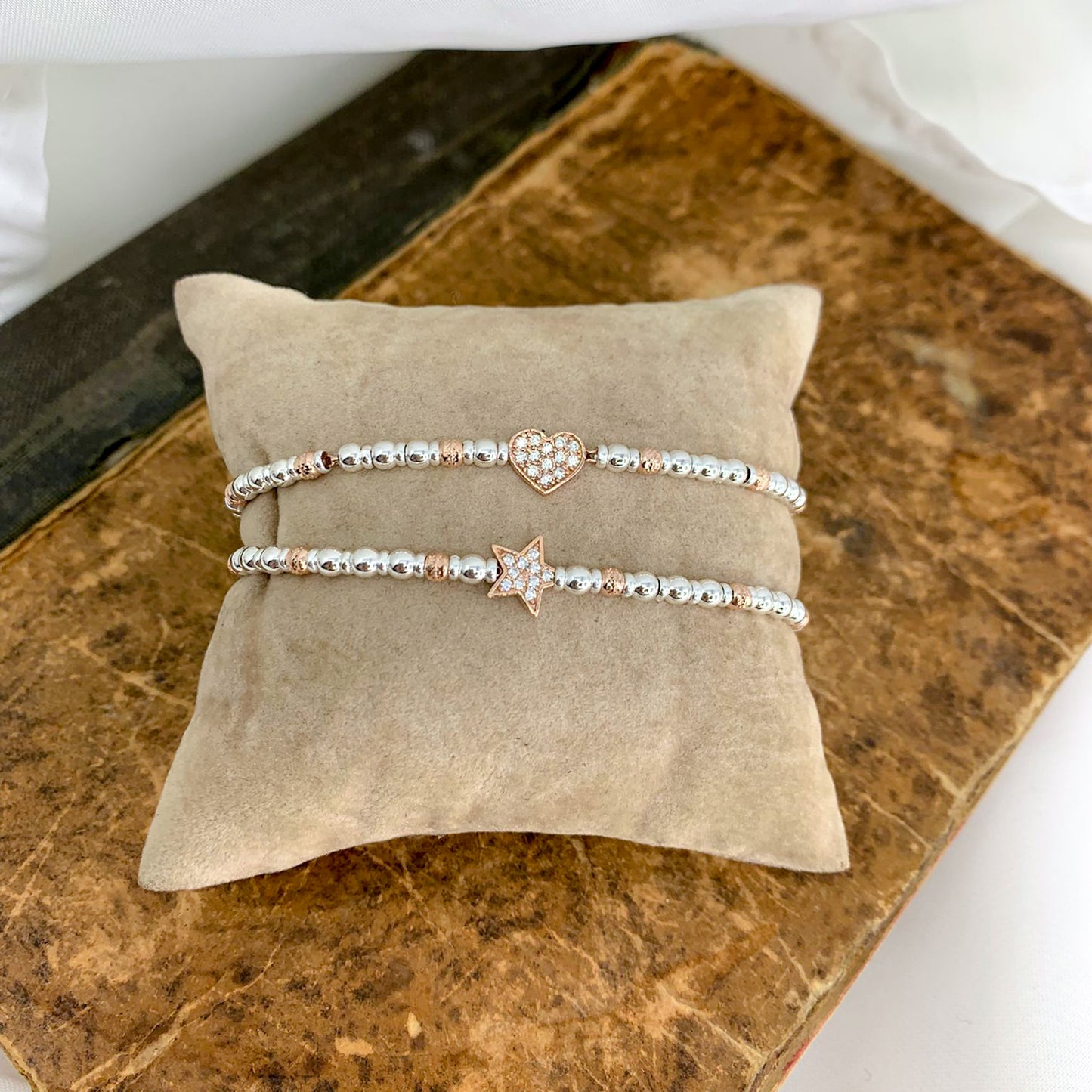 Bracciale sfere rodio e rosé argento 925 con cuore - stella di zirconi in linea - Lumiere Bijoux