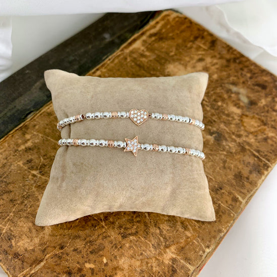 Bracciale sfere rodio e rosé argento 925 con cuore - stella di zirconi in linea - Lumiere Bijoux