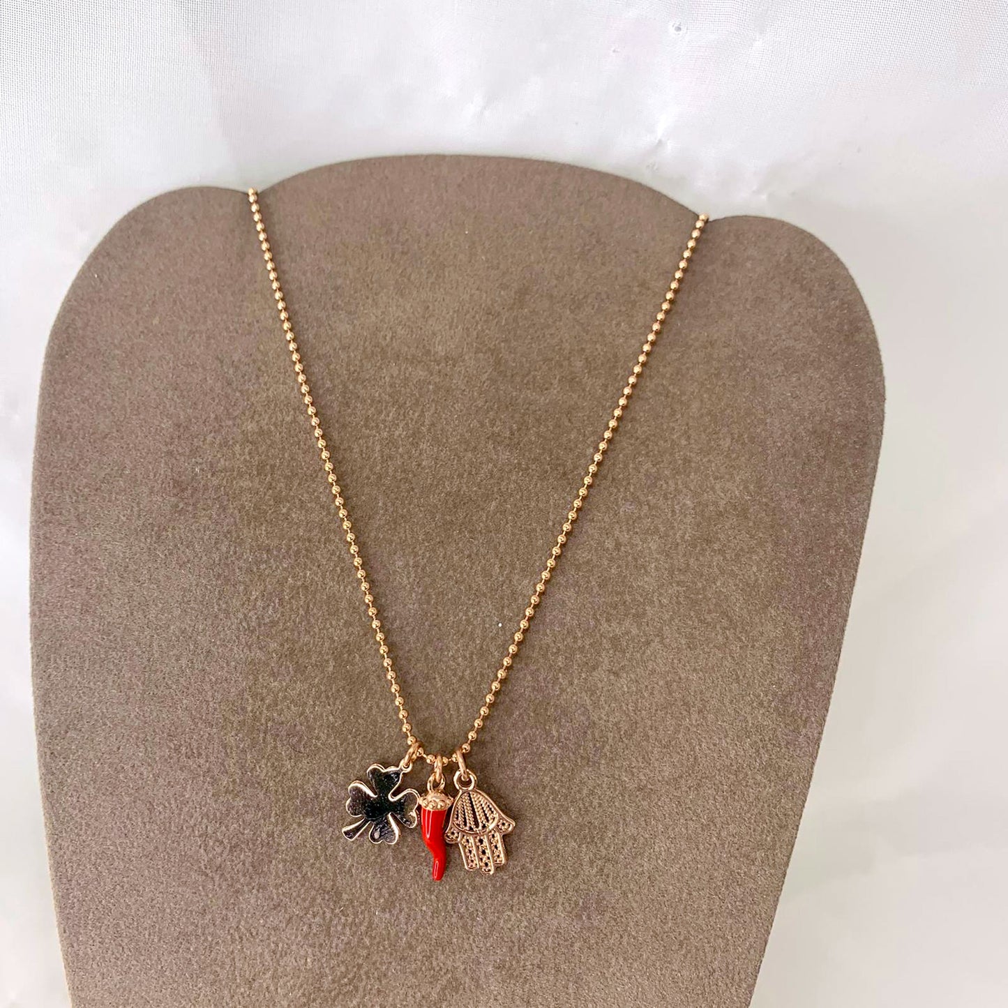 Collana Portafortuna cm 60 con catena militare diamantata e Quadrifoglio Cornetto Fatima - Lumiere Bijoux