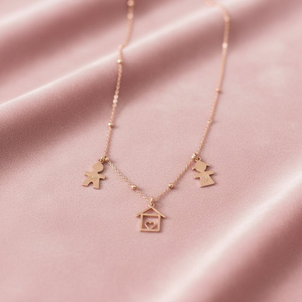 Collana Family Rosario Rosé con Bimbi e Casetta – Argento 925, Personalizzabile - Lumiere Bijoux