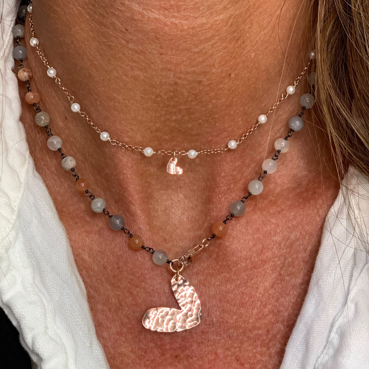 Collana magica lunga trasformabile cm 75 argento con pietra di luna e cuore bacio - Lumiere Bijoux