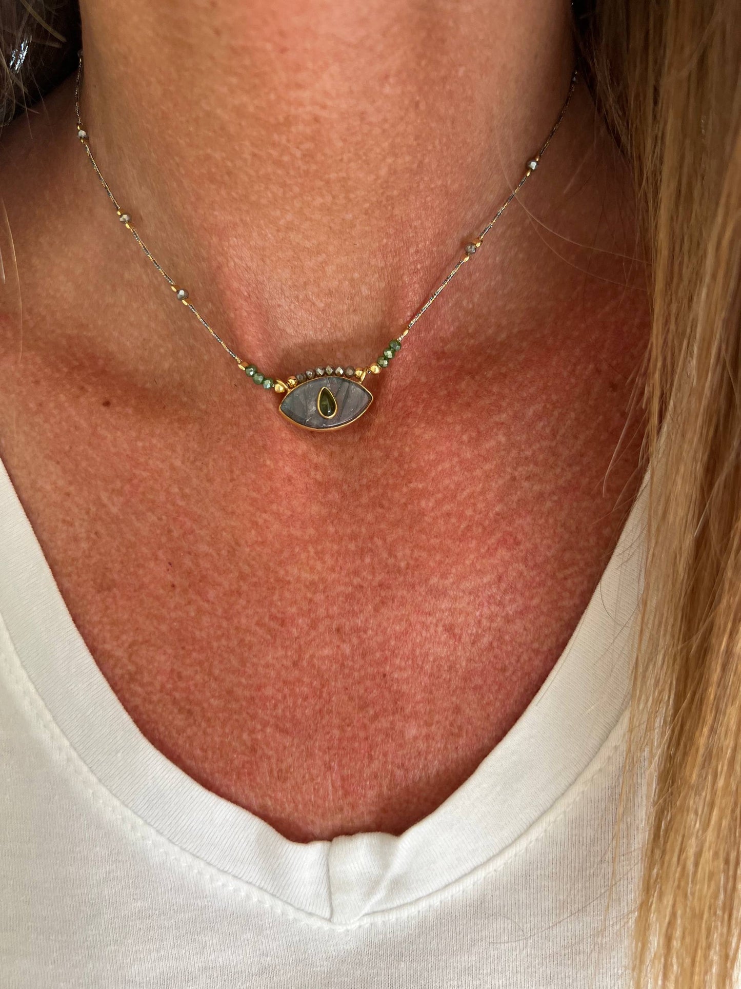 Collana regolabile con cordino e pietra semipreziosa occhio pendente - Lumiere Bijoux