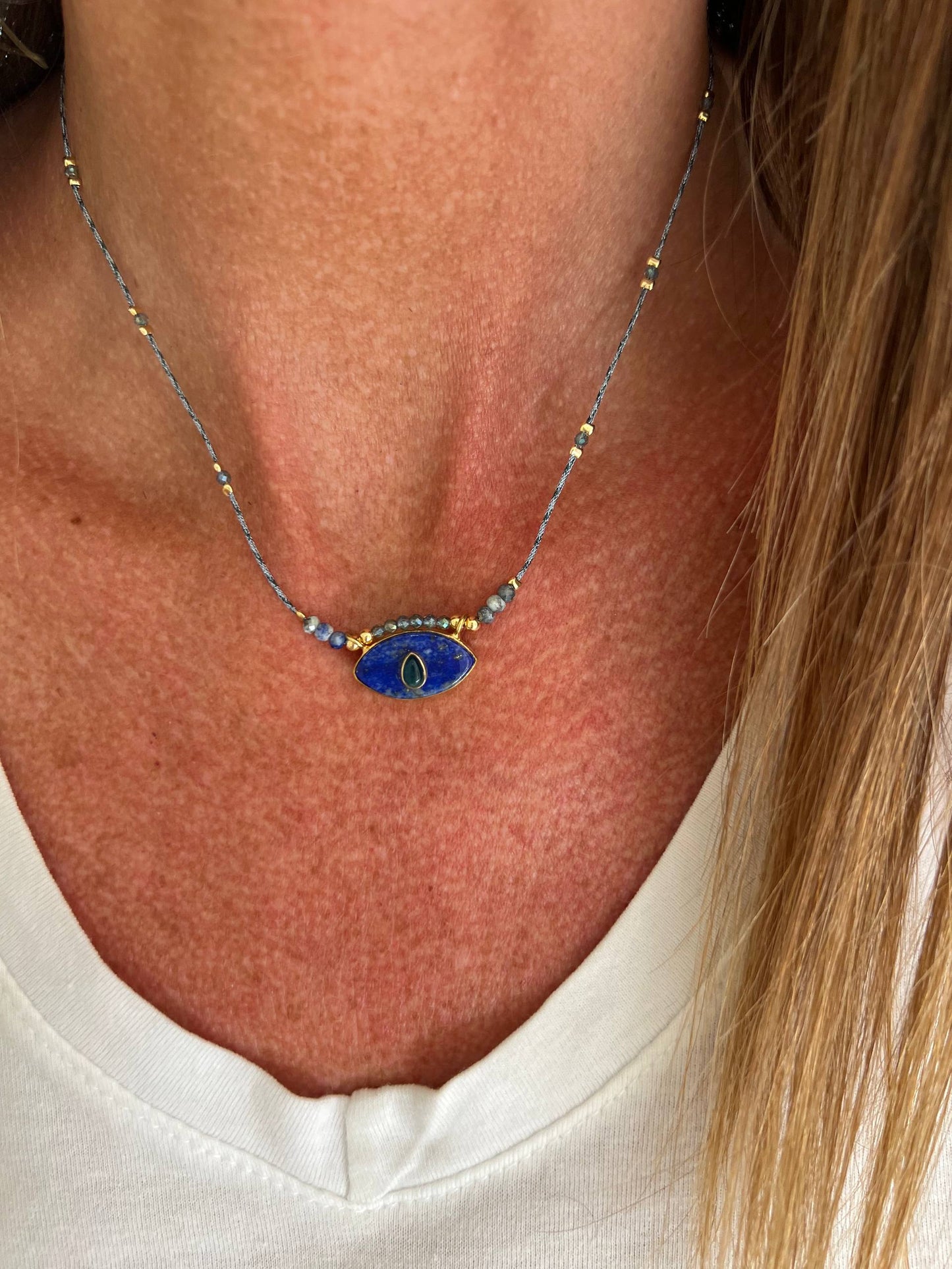Collana regolabile con cordino e pietra semipreziosa occhio pendente - Lumiere Bijoux