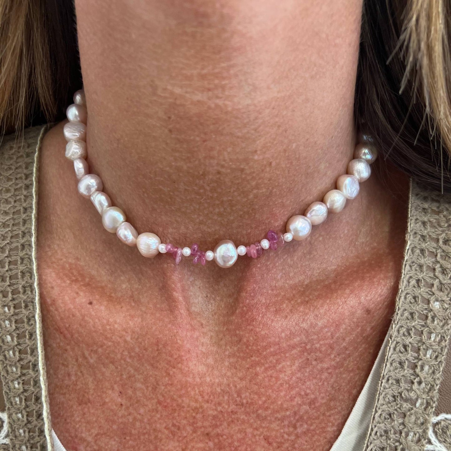 Collana perle tonde rosa e zaffiri rosa - PU102 - Lumiere Bijoux
