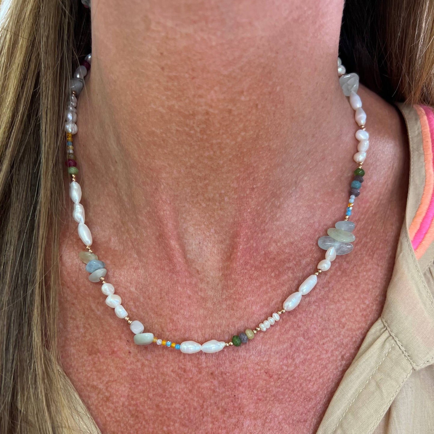 Collana cm 40 perle e pietre morganite e tromalina multicolore argento 925 - Lumiere Bijoux
