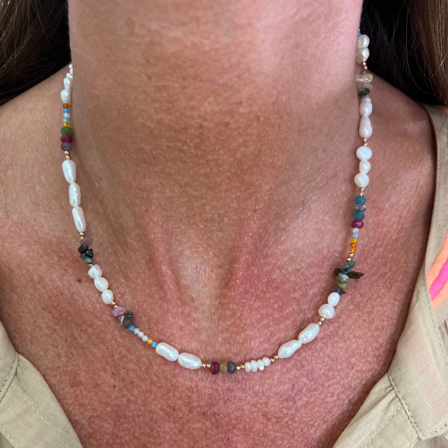 Collana cm 40 perle e pietre morganite e tromalina multicolore argento 925 - Lumiere Bijoux