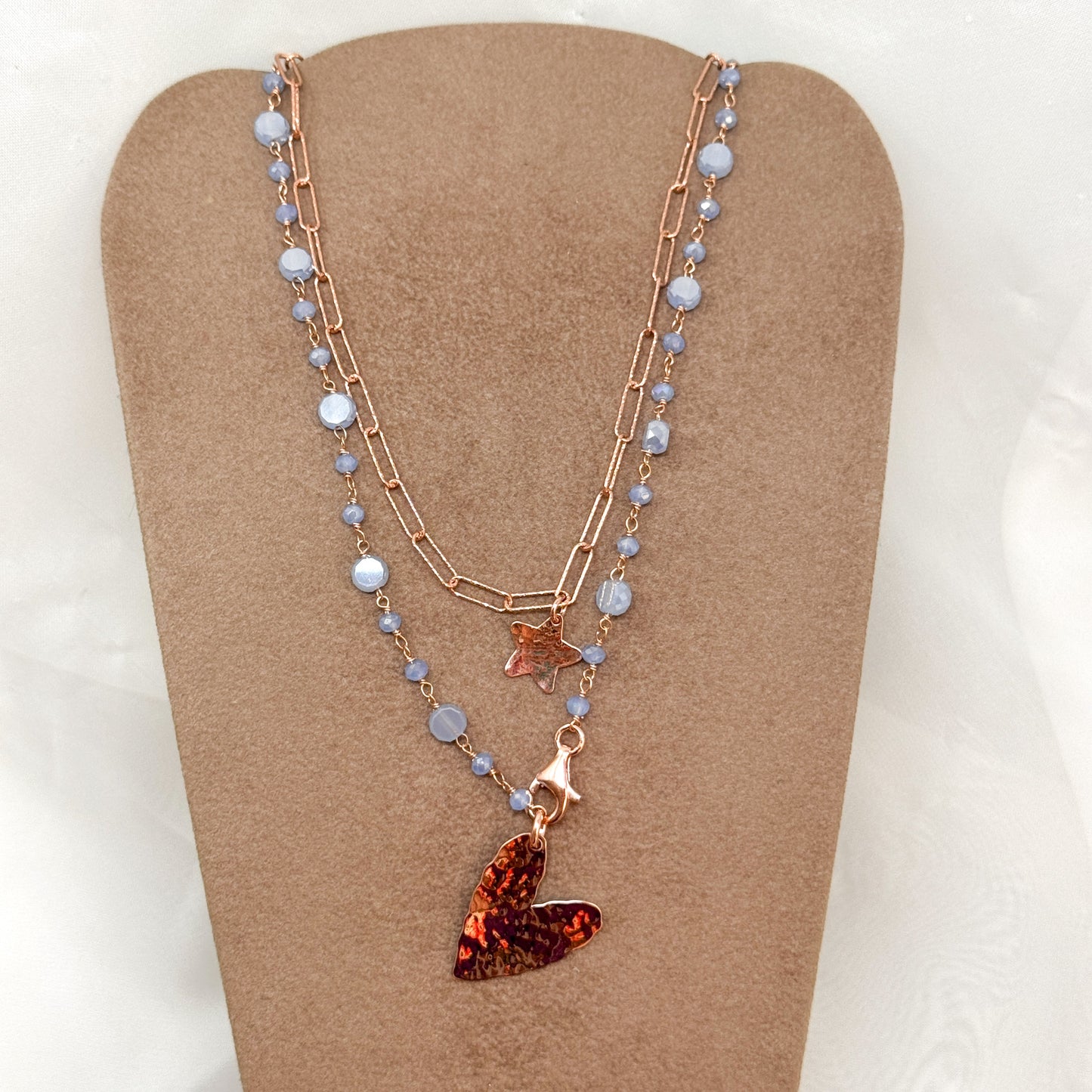 Collana lunga trasformabile 75 cm argento 925 rosè con cristalli polvere e cuore allungato - Pezzo unico - Lumiere Bijoux