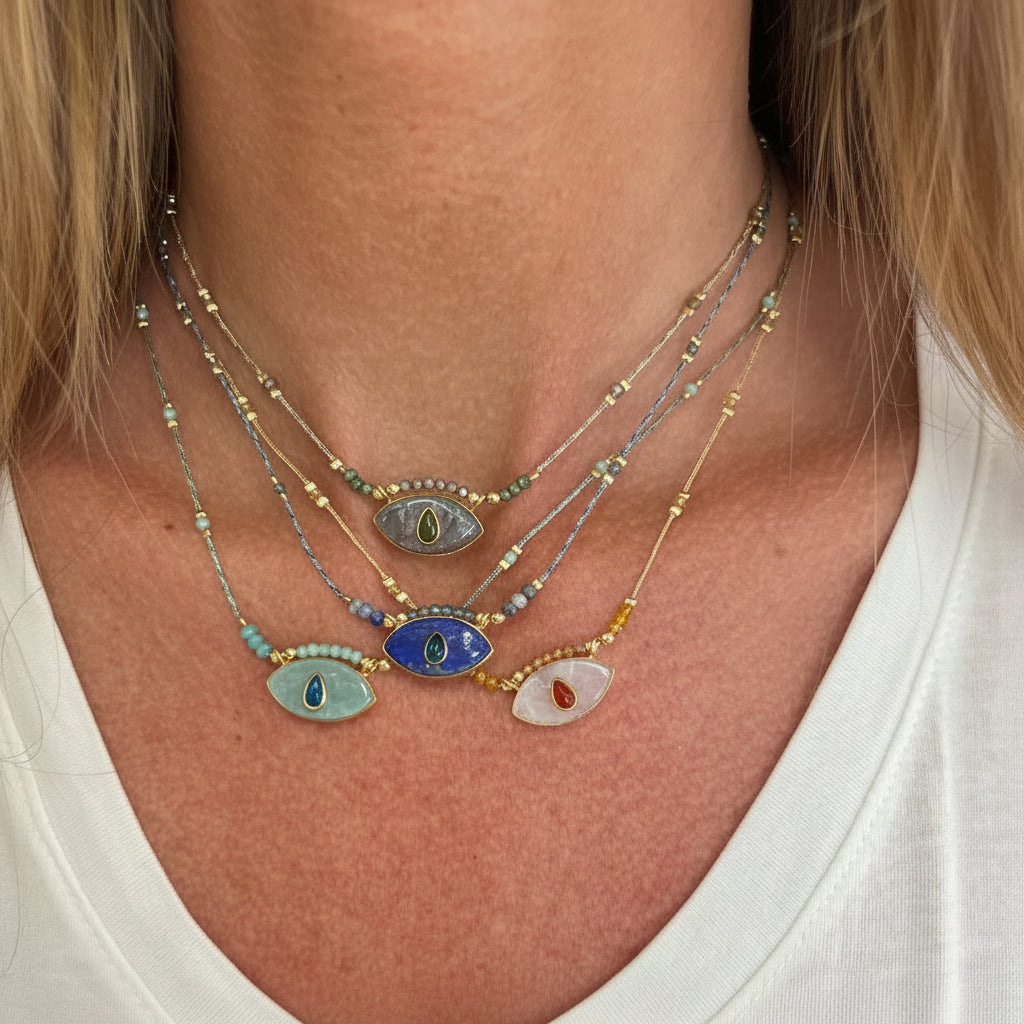 Collana regolabile con cordino e pietra semipreziosa occhio pendente - Lumiere Bijoux