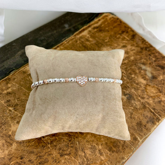 Bracciale sfere rodio e rosé argento 925 con cuore - stella di zirconi in linea - Lumiere Bijoux