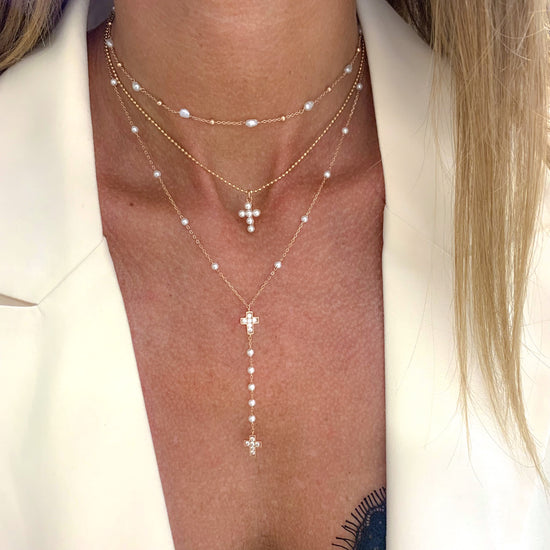Collana rosario micro perle con croce di zirconi centrale e pendente finale - Lumiere Bijoux