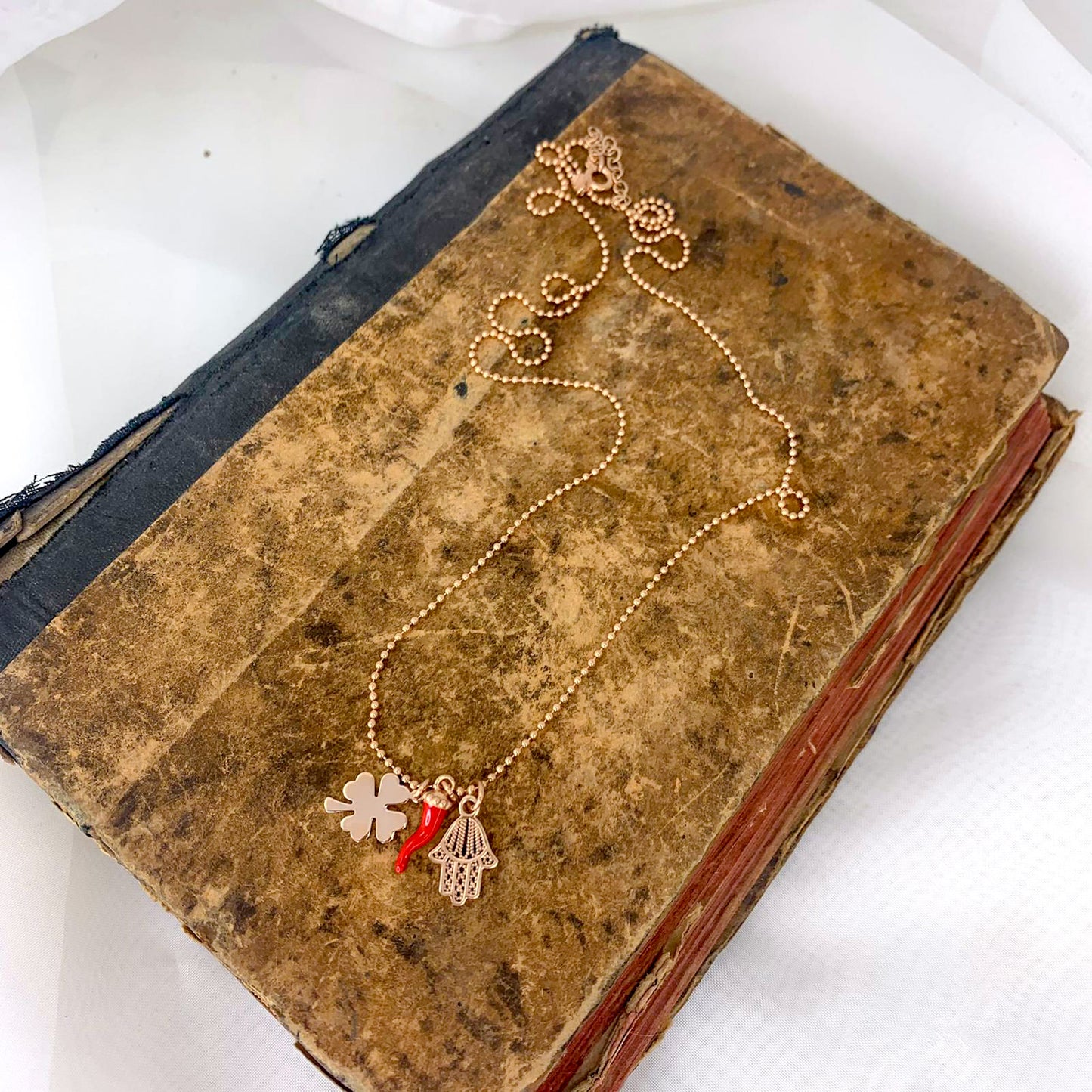 Collana Portafortuna cm 60 con catena militare diamantata e Quadrifoglio Cornetto Fatima - Lumiere Bijoux