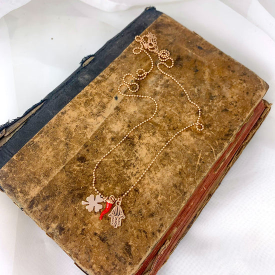 Collana Portafortuna cm 60 con catena militare diamantata e Quadrifoglio Cornetto Fatima - Lumiere Bijoux