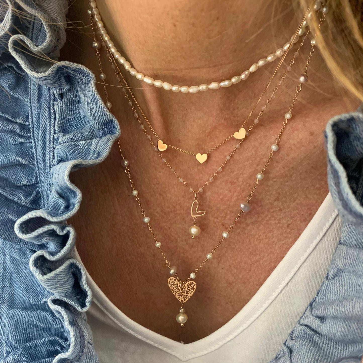 Collana catena rollò alternata da perle bianche e rosa cm50 con cuore –  Lumiere Bijoux