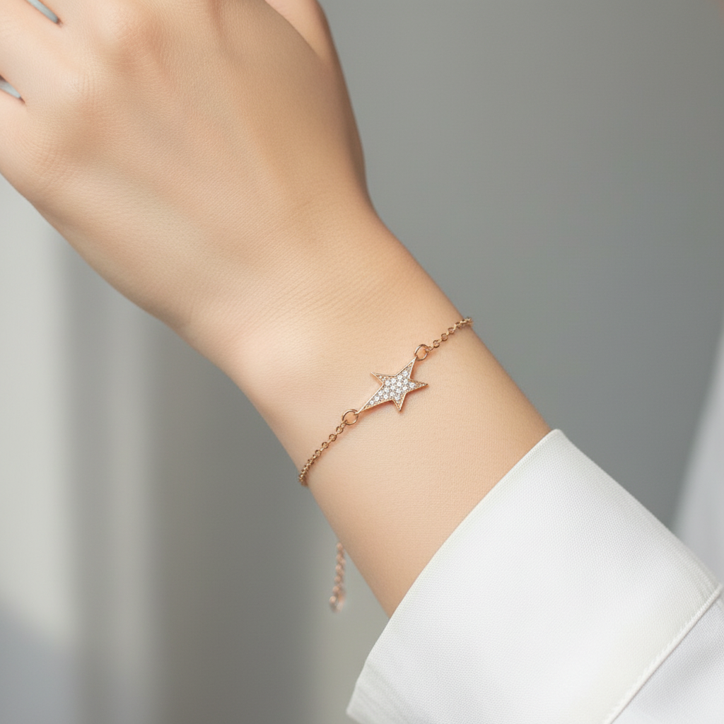 Bracciale catena rosè con stella allungata di zirconi bianchi in linea - pezzo unico - Lumiere Bijoux