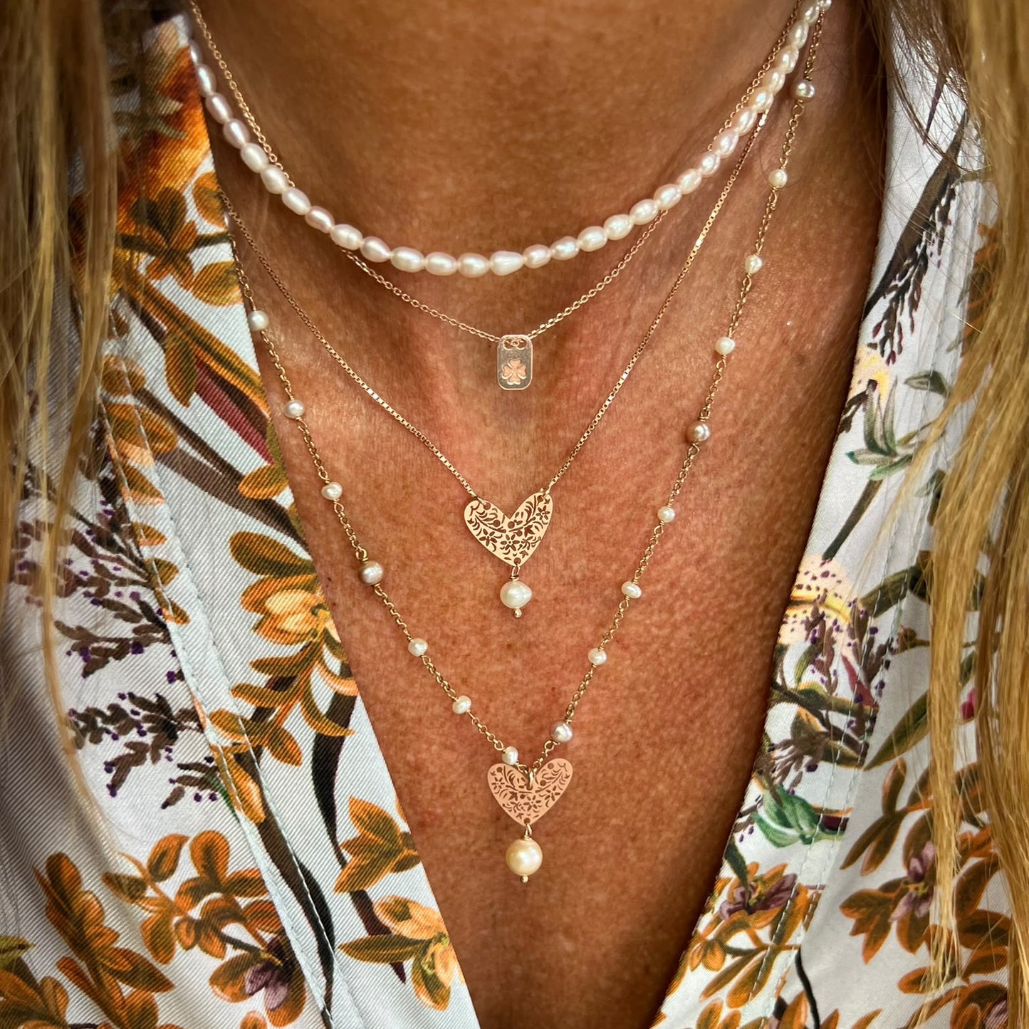 Collana rado perle bianche e rosa cm 50 con Stella Battuta o Cuore Capri o Cuore Romantico con perla tonda rosa da 0,7 mm - Lumiere Bijoux