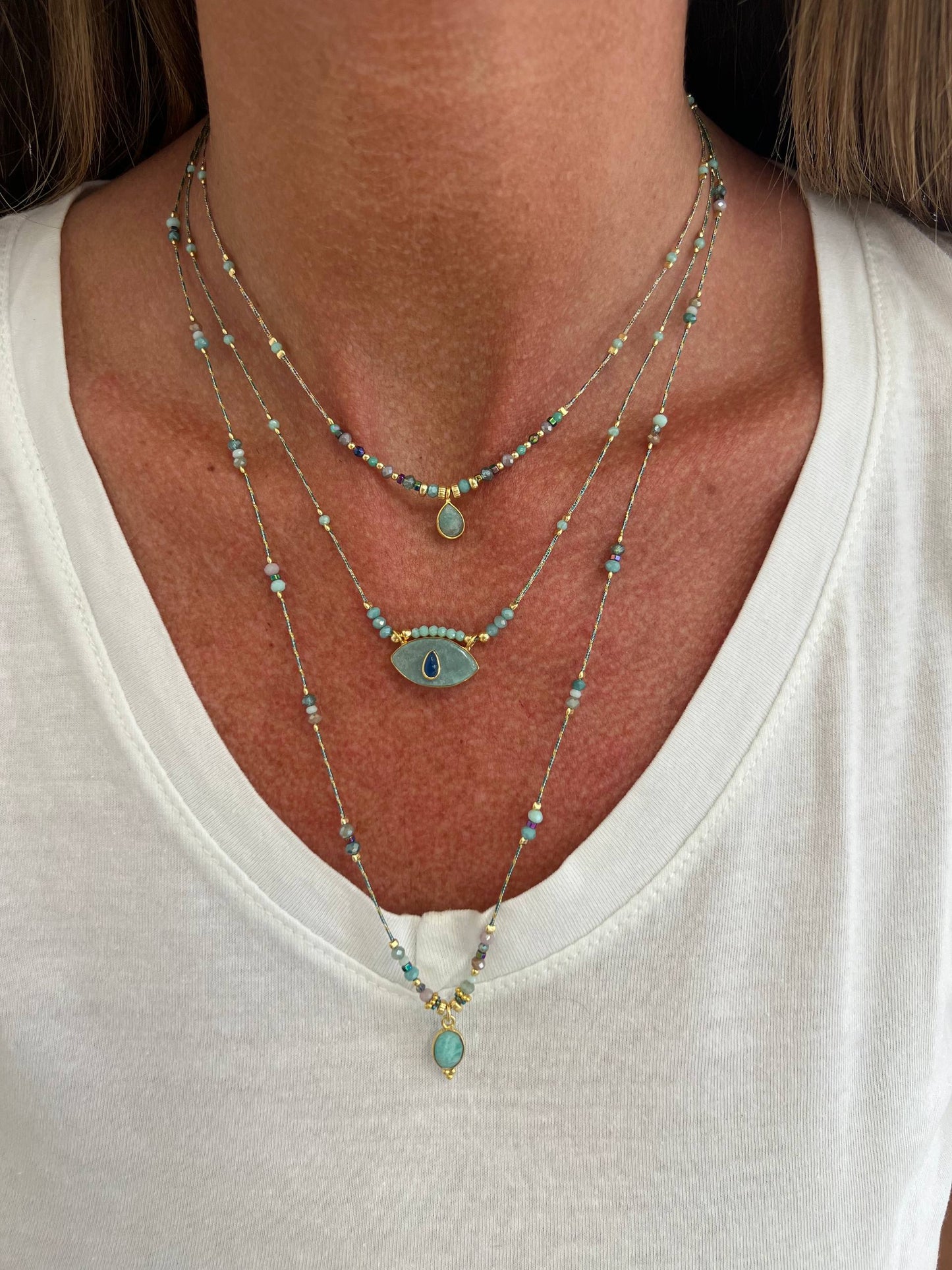 Collana regolabile con cordino e pietra semipreziosa occhio pendente - Lumiere Bijoux