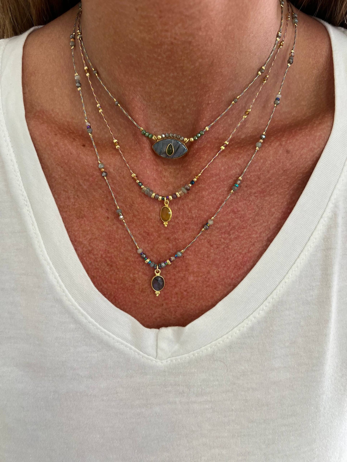 Collana regolabile con cordino e pietra semipreziosa occhio pendente - Lumiere Bijoux