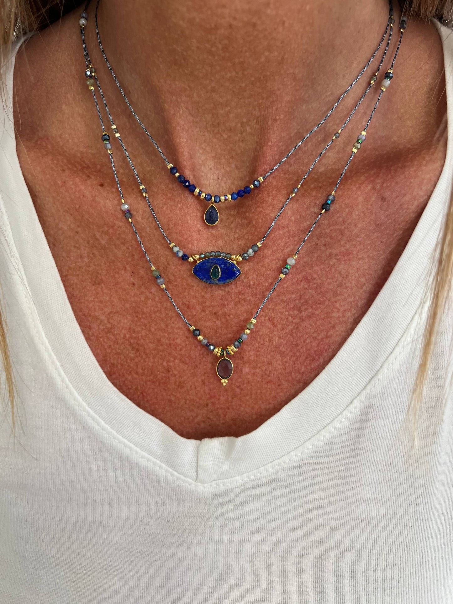 Collana regolabile con cordino e pietra semipreziosa occhio pendente - Lumiere Bijoux