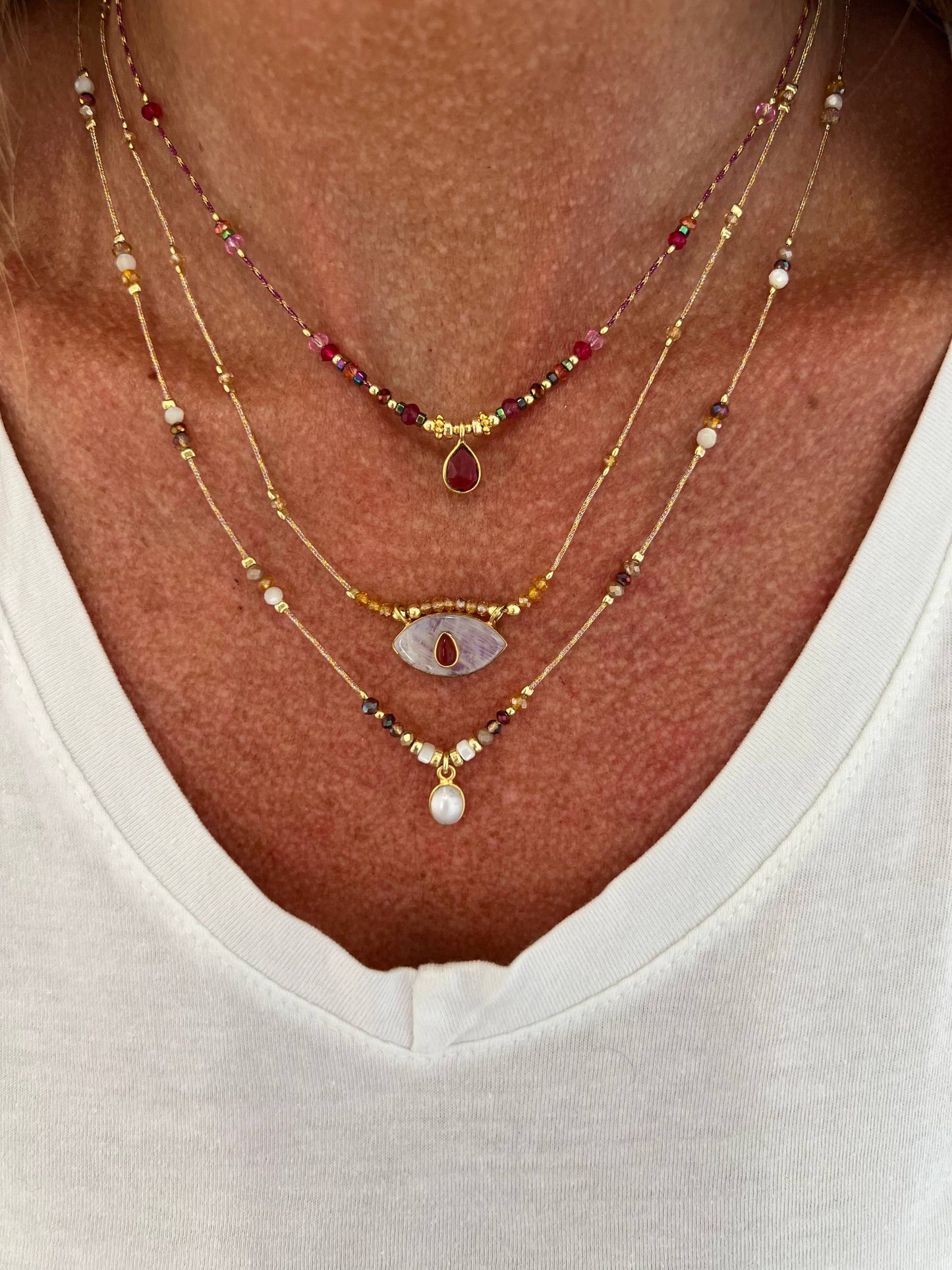 Collana regolabile con cordino e pietra semipreziosa occhio pendente - Lumiere Bijoux