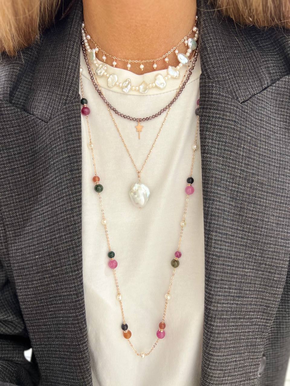 Collana lunga cm 85 catena rolò in argento 925 rosé alternata da perle bianche e pietre multicolore - Lumiere Bijoux