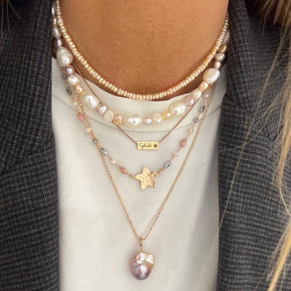 Collana cristalli fango, grigi, rosa cangianti cm 40 con stella battuta o cuore bacio o cuore capri in linea - Lumiere Bijoux