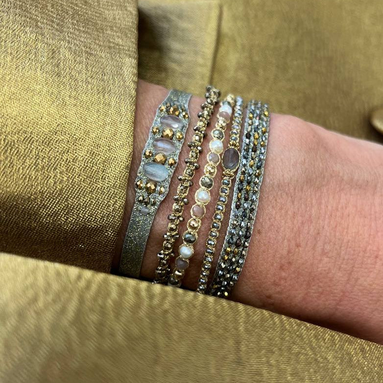 Bracciale Parigi intreccio esclusivo pietre semi preziose e perle - 0.4 cm regolabile - Lumiere Bijoux