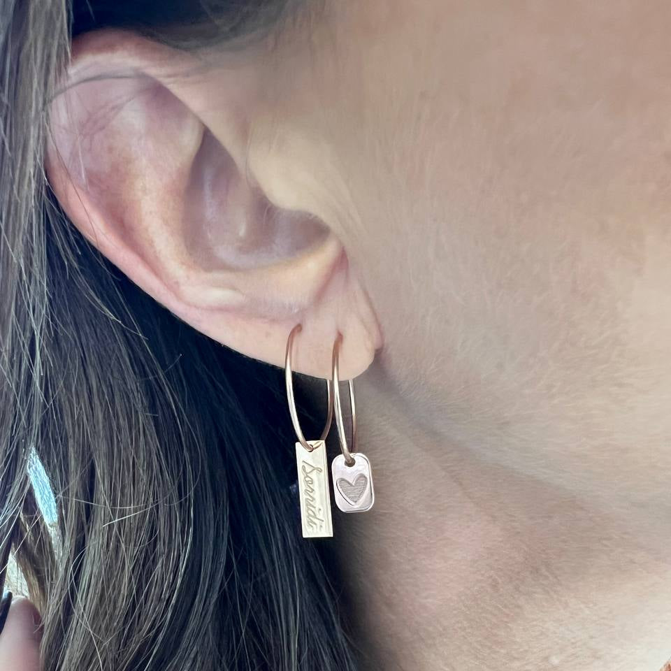 Orecchini cerchio Noisette con targhetta cuore stella o sorridi argento rosé - Lumiere Bijoux