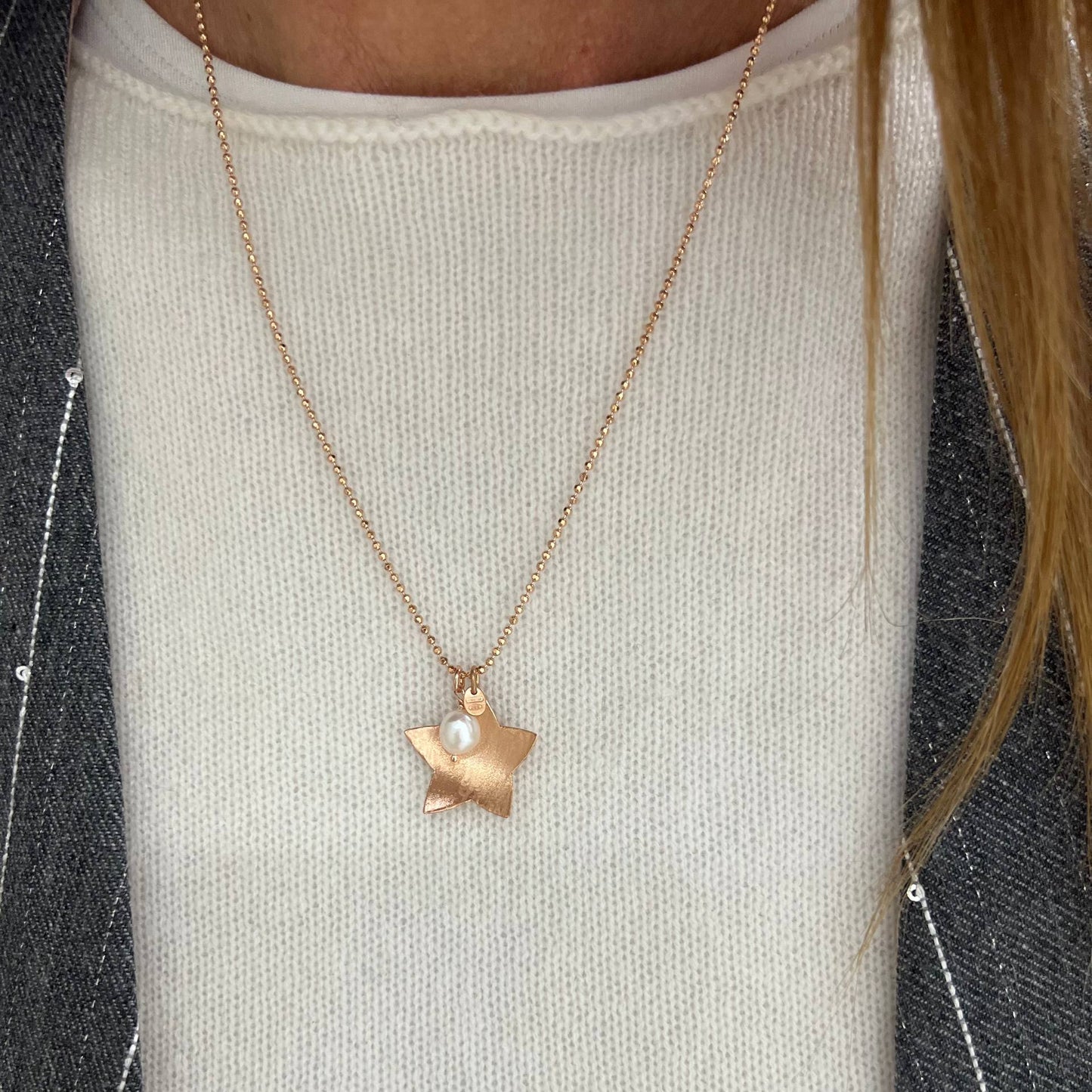 Collana cm 50 catena militare diamantata con stella o cuore scodella satinato e perla bianca - Lumiere Bijoux