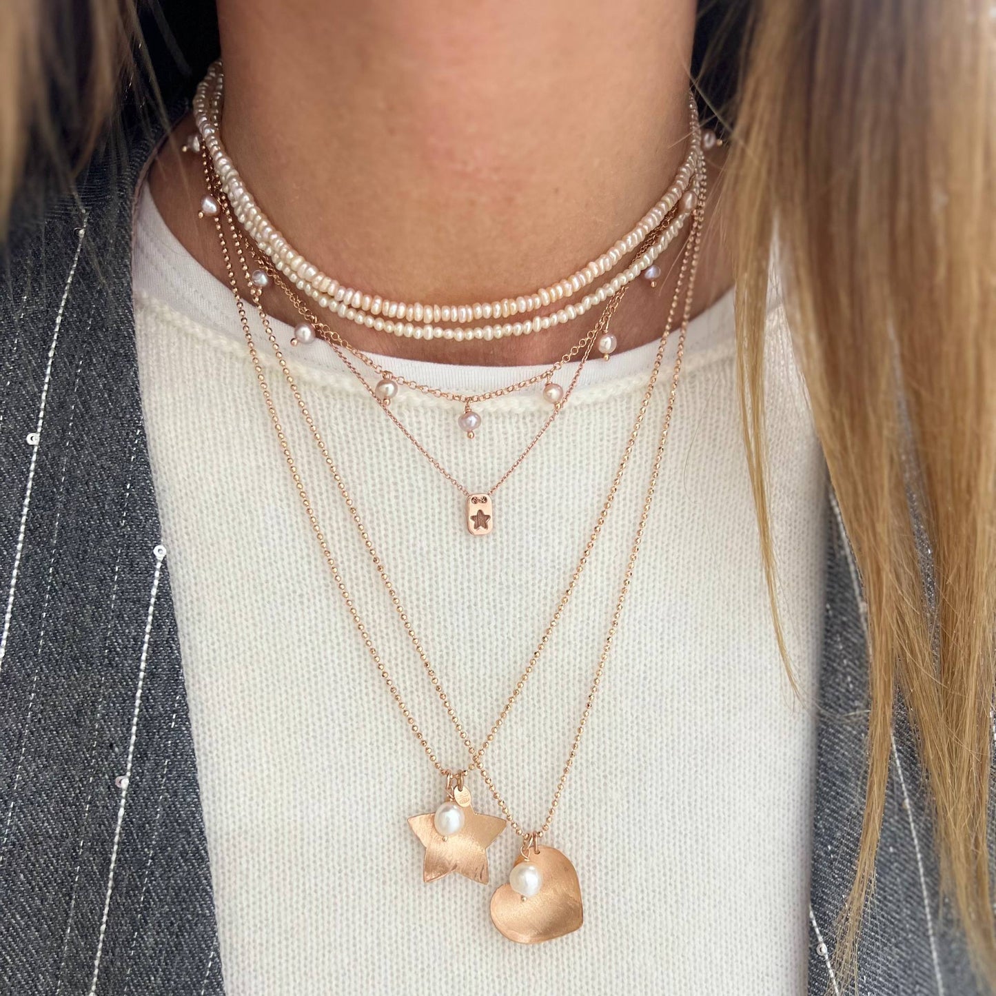 Collana cm 50 catena militare diamantata con stella o cuore scodella satinato e perla bianca - Lumiere Bijoux