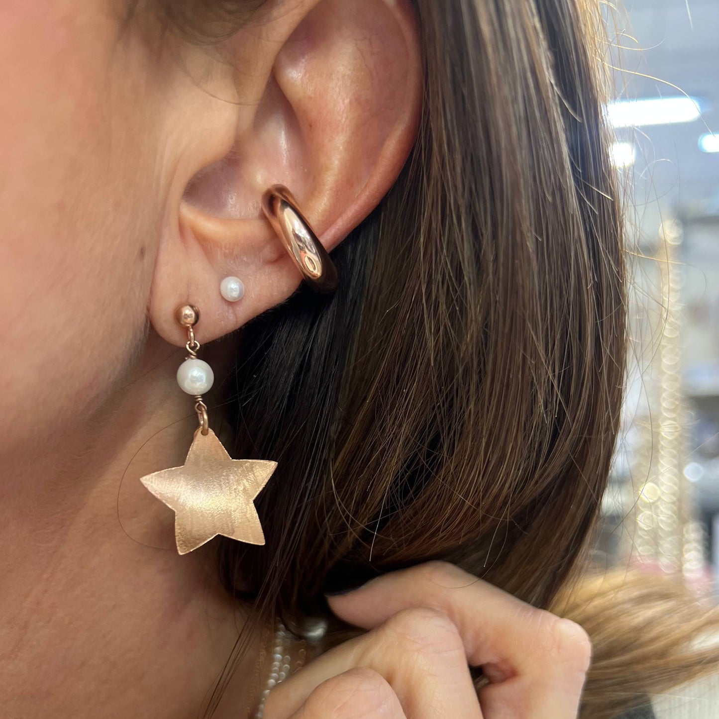 Coppia orecchini pendneti con cuore e stella satinati a scodella - Lumiere Bijoux