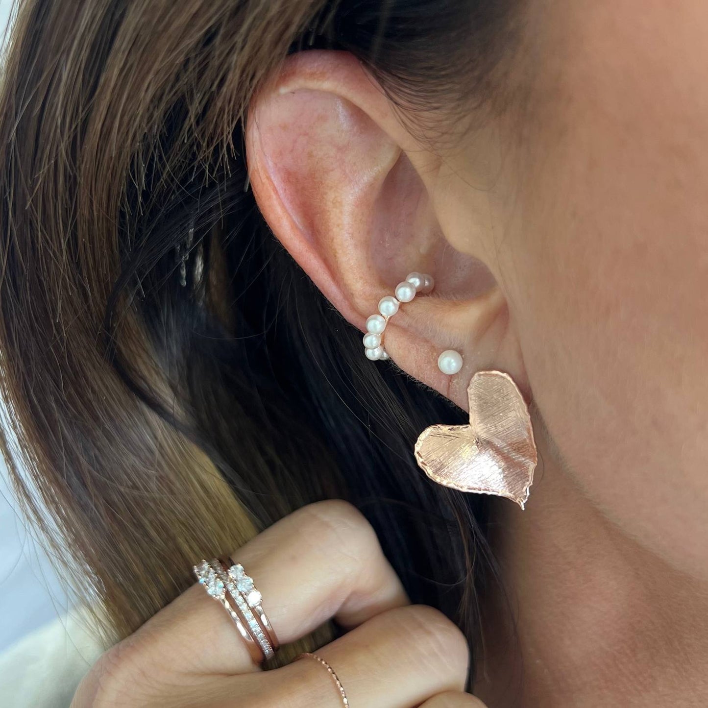 Coppia orecchini lobo cuore foglia satinato in argento rosé - Lumiere Bijoux