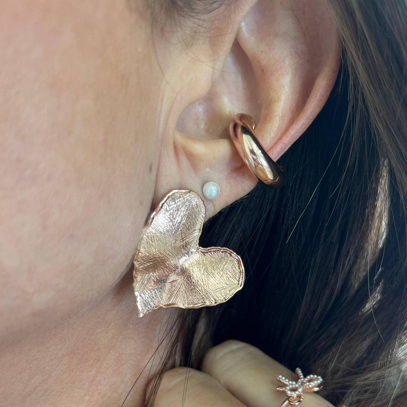 Coppia orecchini lobo cuore foglia satinato in argento rosé - Lumiere Bijoux