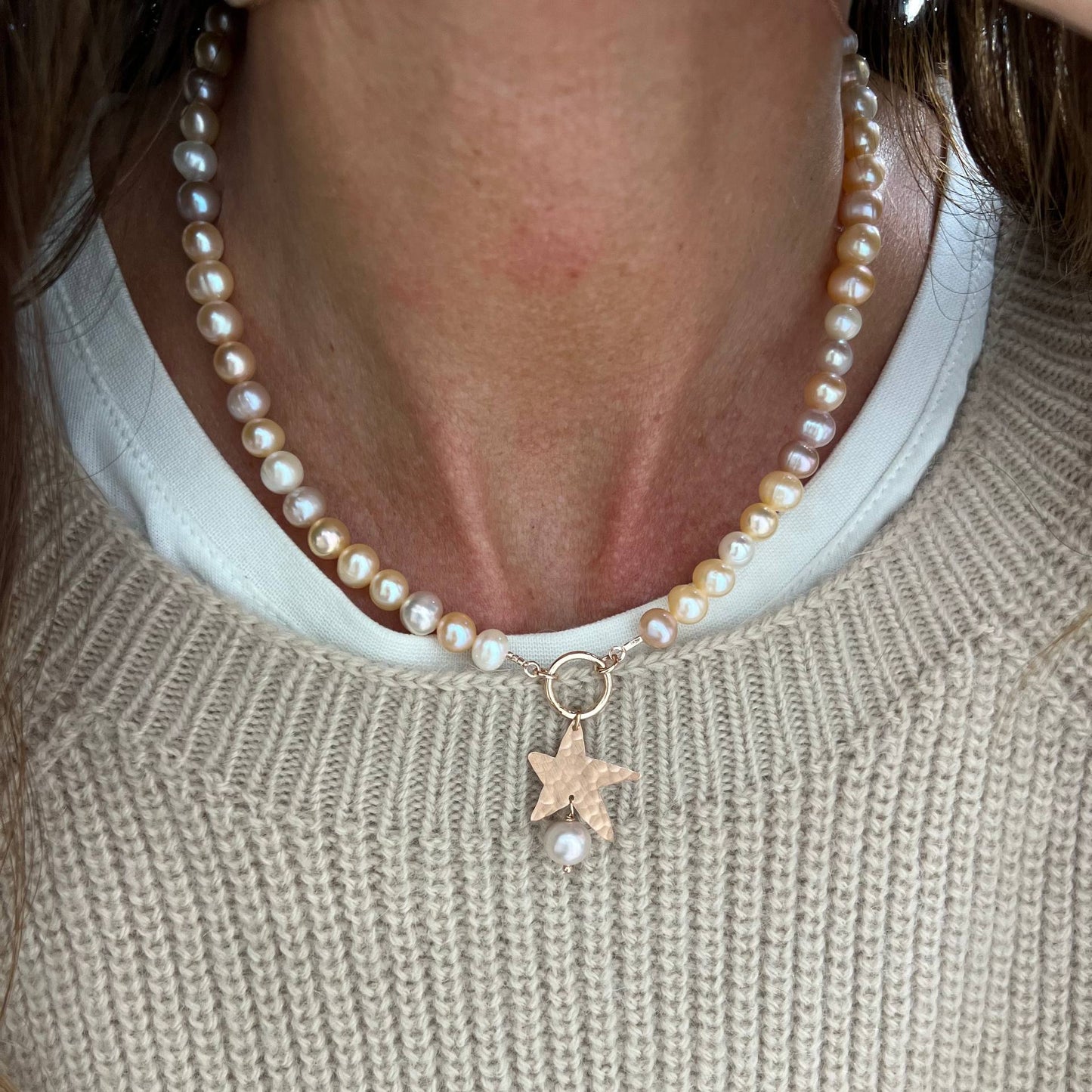 Collana perle tonde sfumate bianche rosa e lilla cm 40 con stella e perla pendente rosa - Lumiere Bijoux