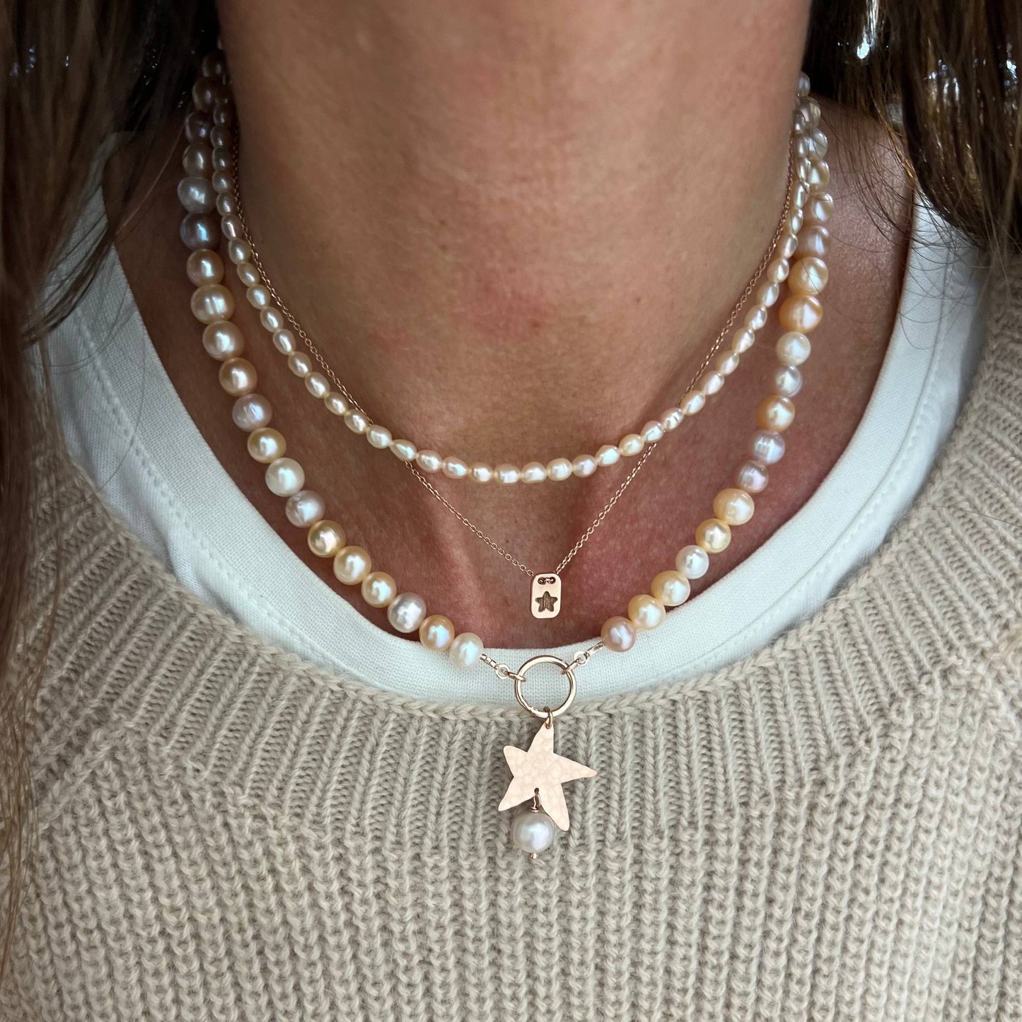 Collana perle tonde sfumate bianche rosa e lilla cm 40 con stella e perla pendente rosa - Lumiere Bijoux