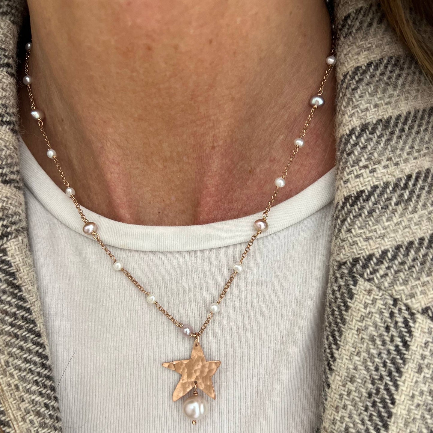 Collana rado perle rosa e bianche con stella pendente con perla finale cm 40 - Lumiere Bijoux