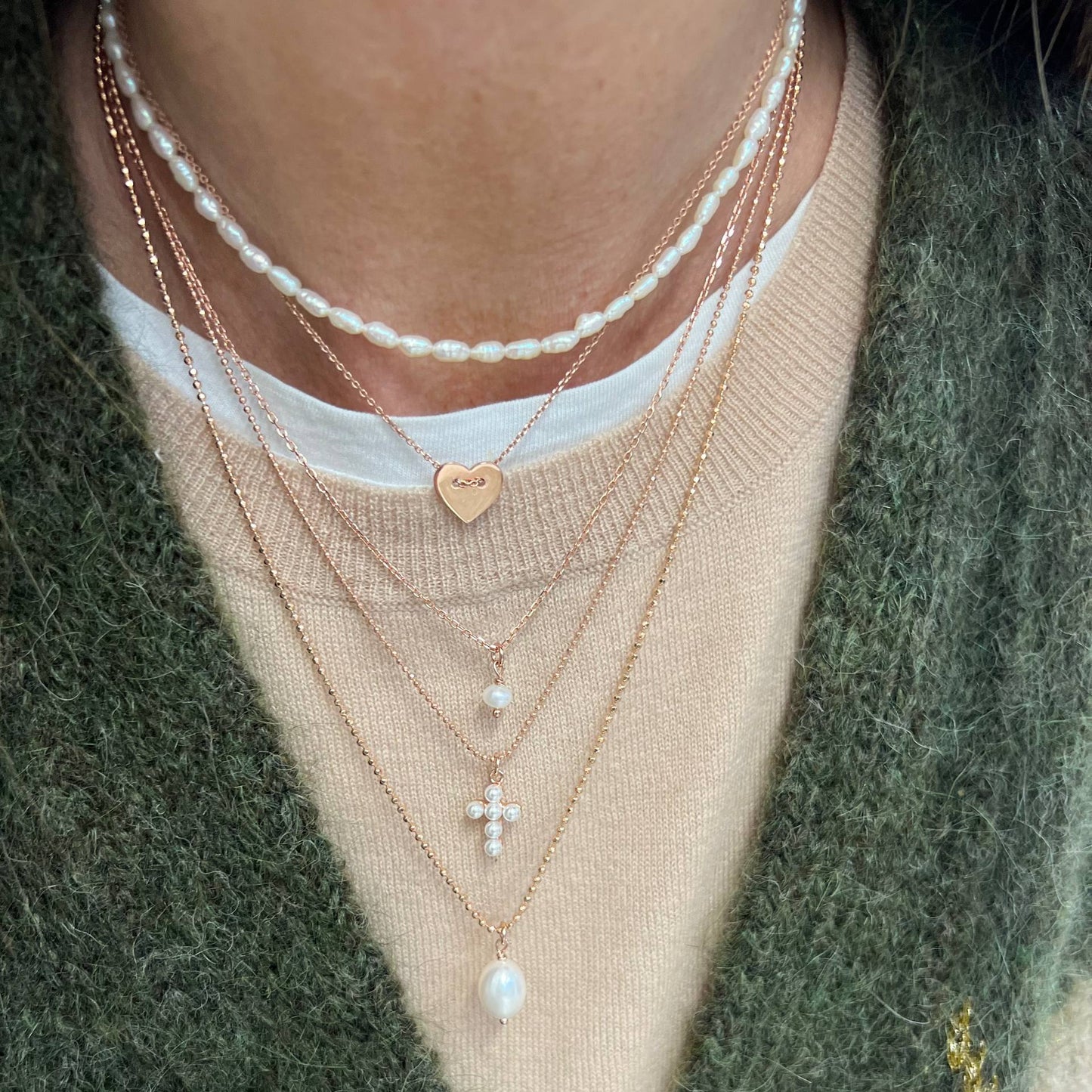 Collana tre fili perle e croce microperle - Lumiere Bijoux
