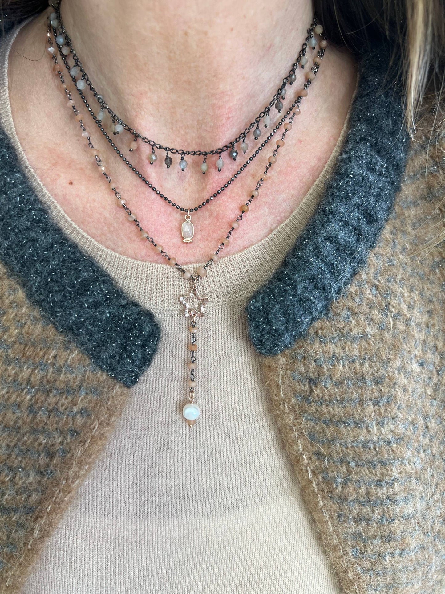 Collana rosario cm45 argento 925 base rutenio con stella vuote e perla pendente - Lumiere Bijoux