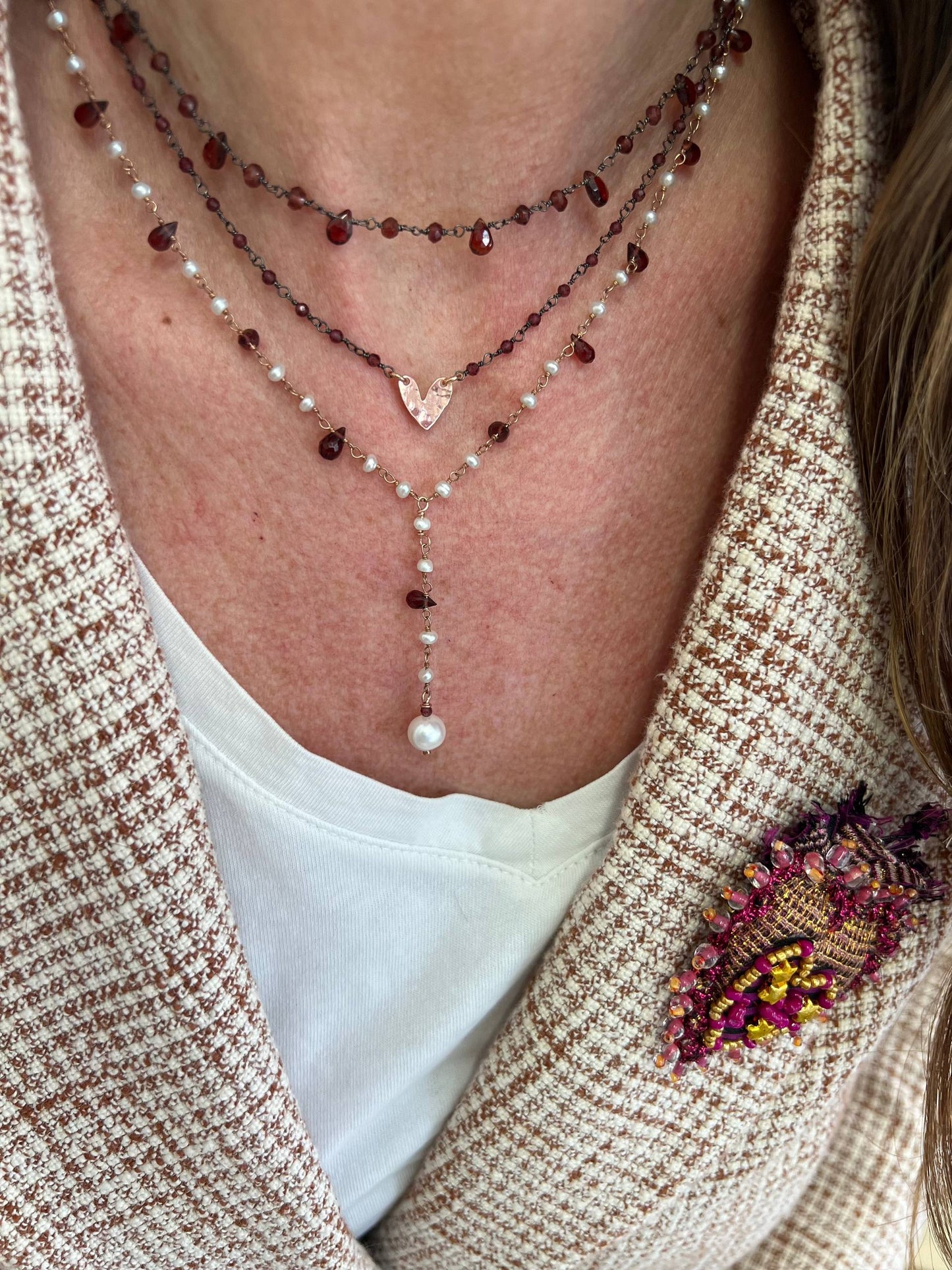 Collana cm40 cristalli granato con cuore battuto in linea in argento 925 rosé - Lumiere Bijoux