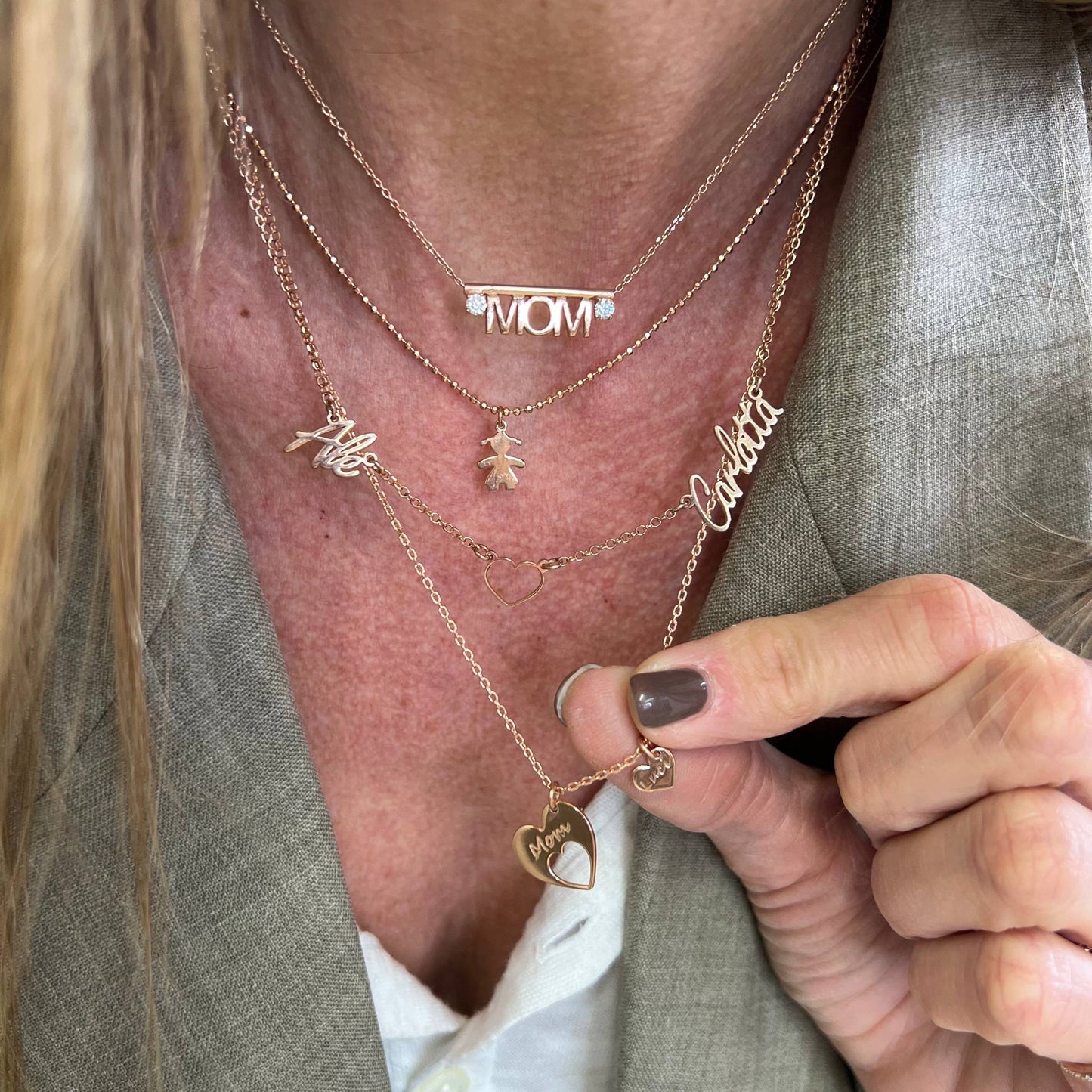 Collana caten grumette 50cm con cuore MOM + micro cuore personalizzato - Festa della mamma - Lumiere Bijoux