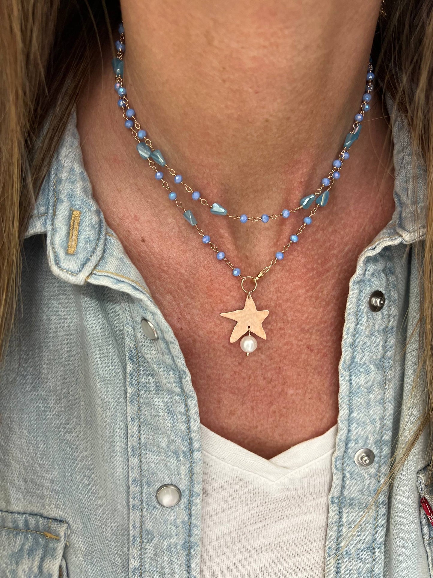 Collana lunga trasformabile cm 75 argento rosé cristalli multiforme soggetto battuto e perla naturale pendente - Lumiere Bijoux
