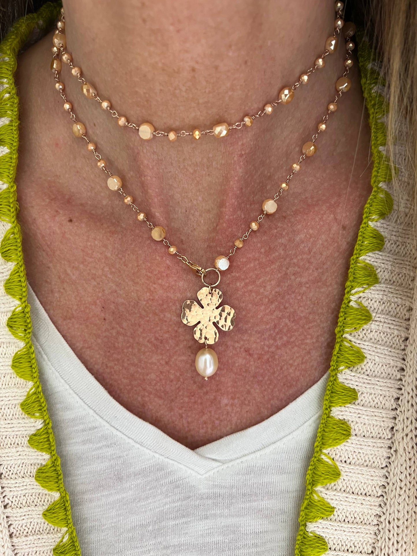 Collana lunga trasformabile cm 75 argento rosé soggetto battuto e perla naturale pendente - Lumiere Bijoux