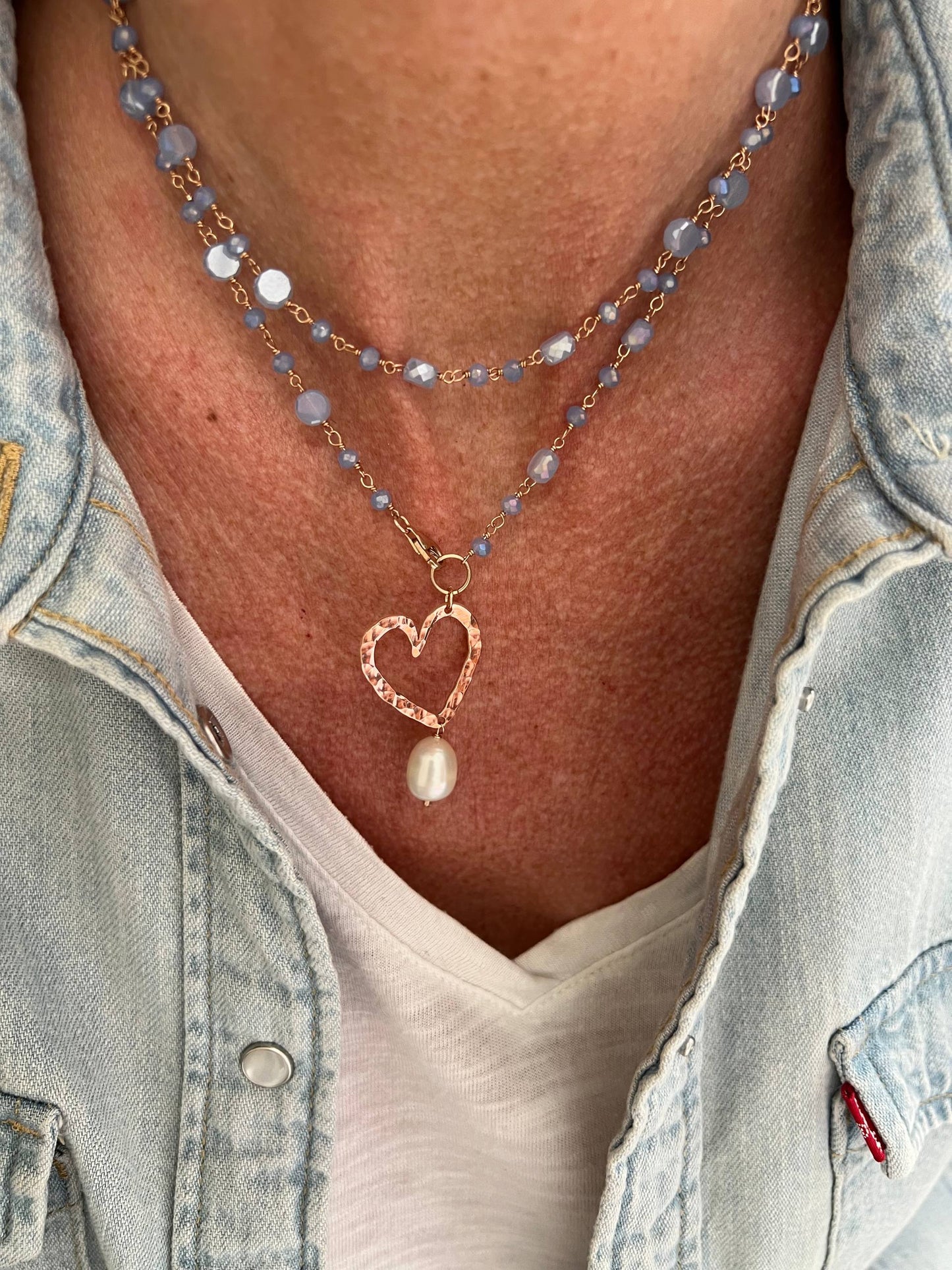 Collana lunga trasformabile cm 75 argento rosé soggetto battuto e perla naturale pendente - Lumiere Bijoux
