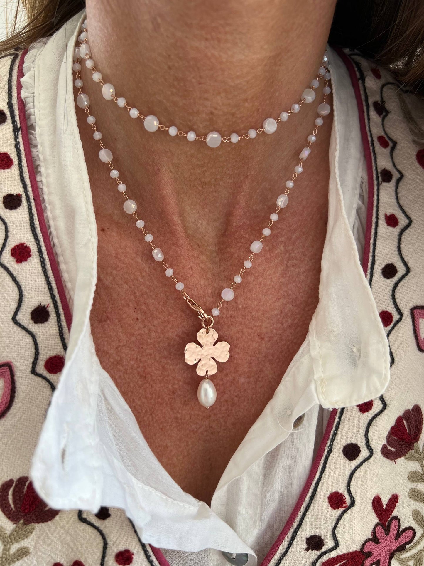 Collana magica lunga trasformabile cm 75 argento rosé soggetto e perla naturale pendente - Lumiere Bijoux