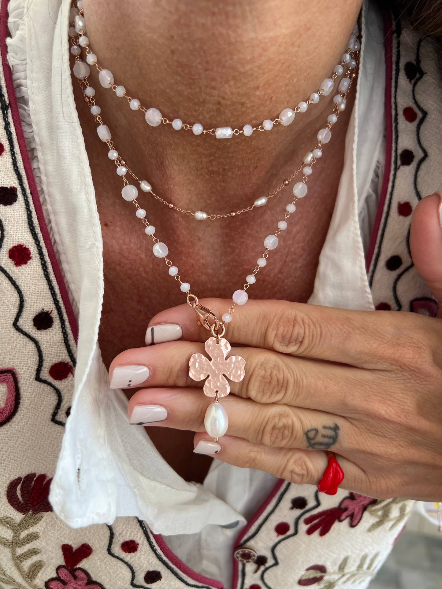 Collana magica lunga trasformabile cm 75 argento rosé soggetto e perla naturale pendente - Lumiere Bijoux