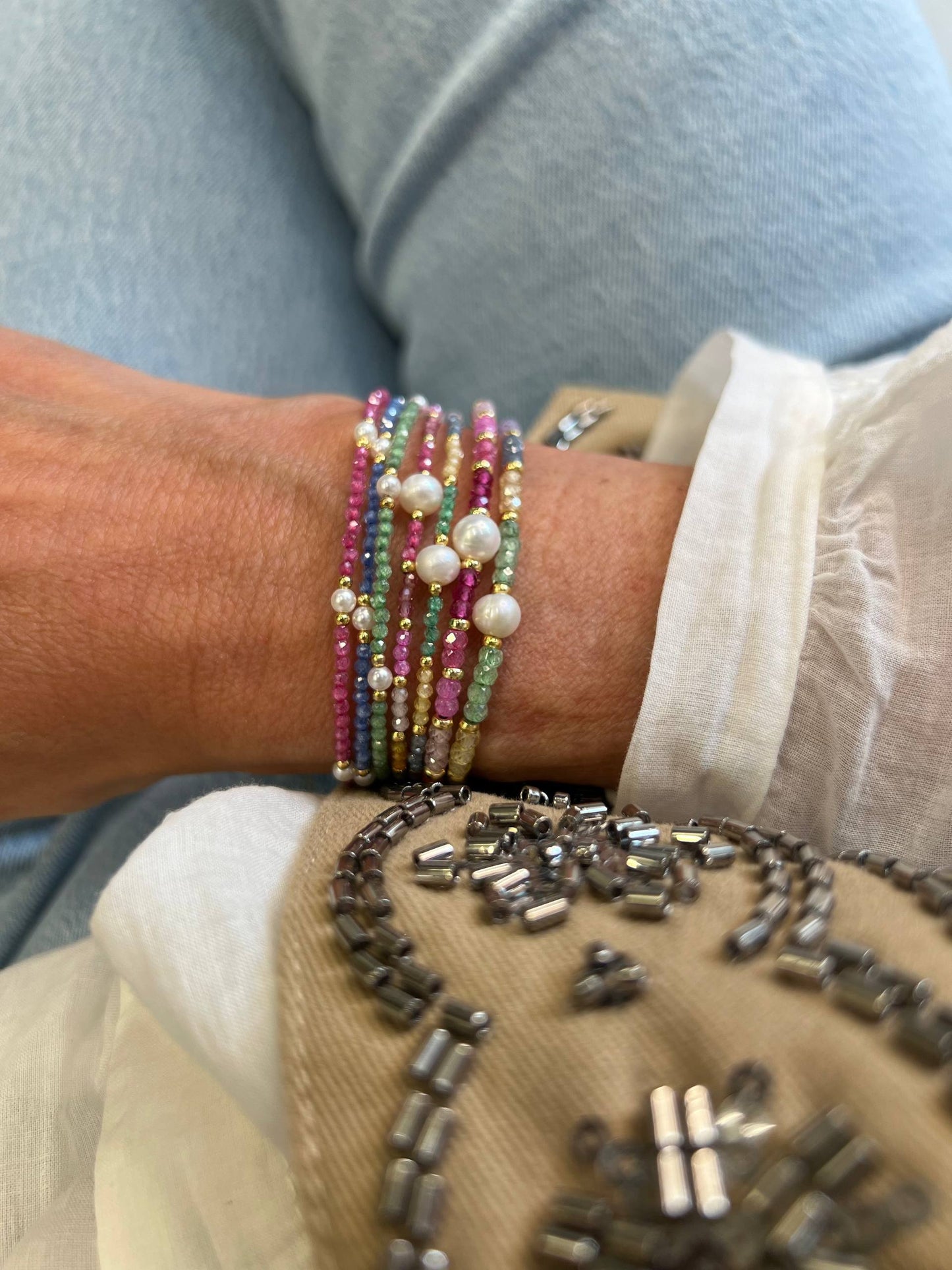 Bracciale cristalli multicolore e perla naturale da 0.4 mm ottone - Lumiere Bijoux