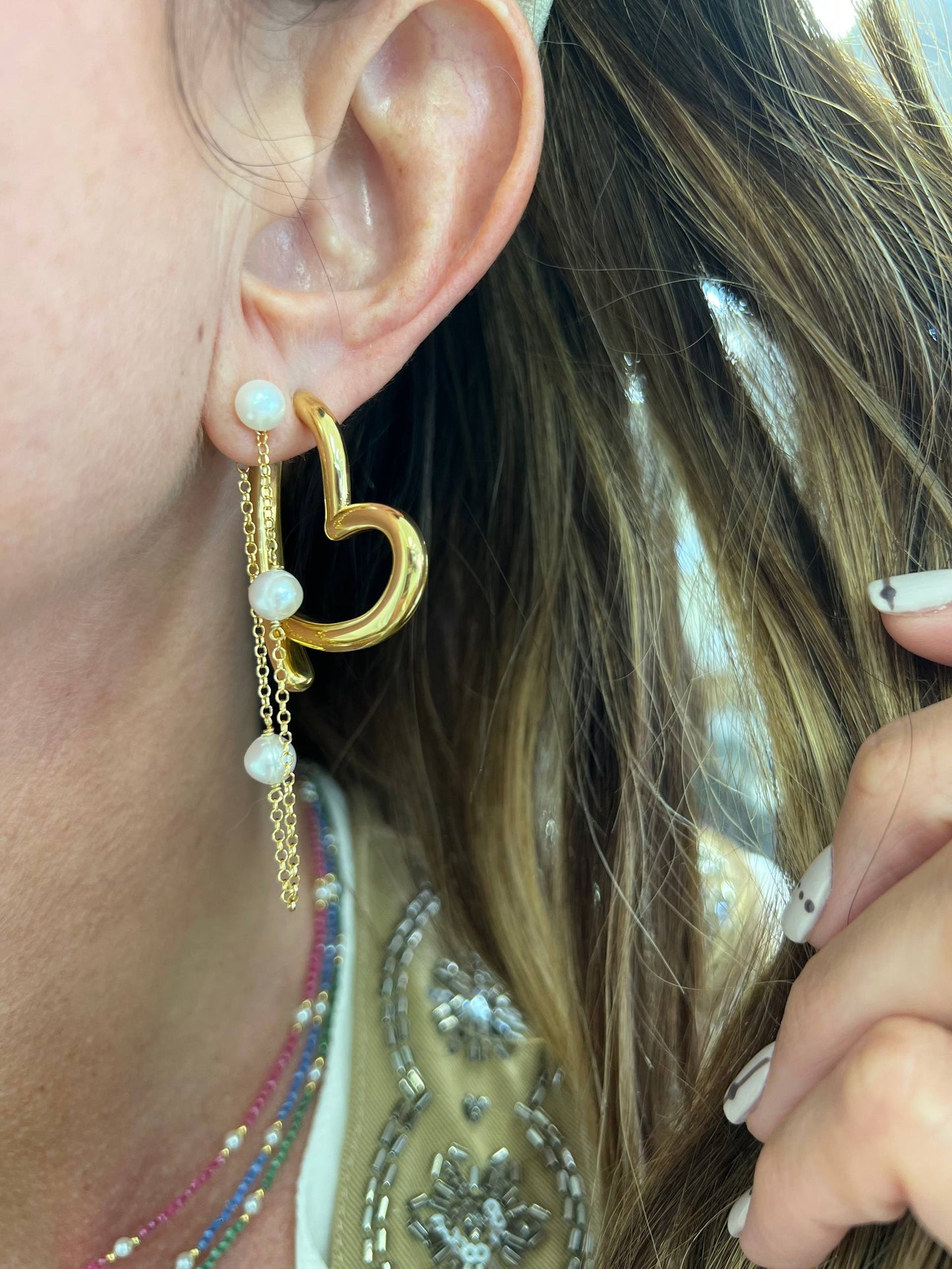 Coppia orecchini pendeneti catena e perle argento 925 oro - Lumiere Bijoux