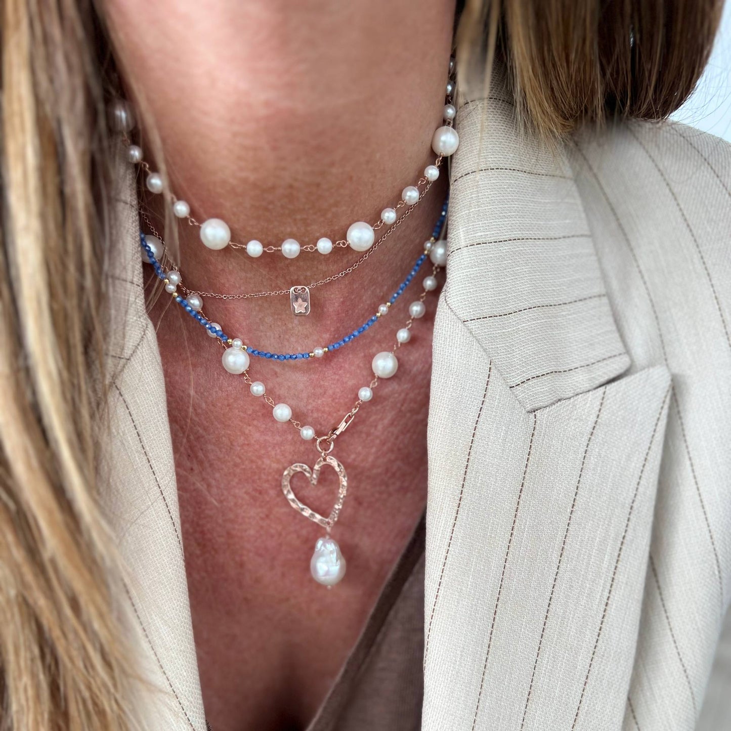 Collana lunga  trasformabile 75cm argento 925 rosé perle e cuore NINI vuoto