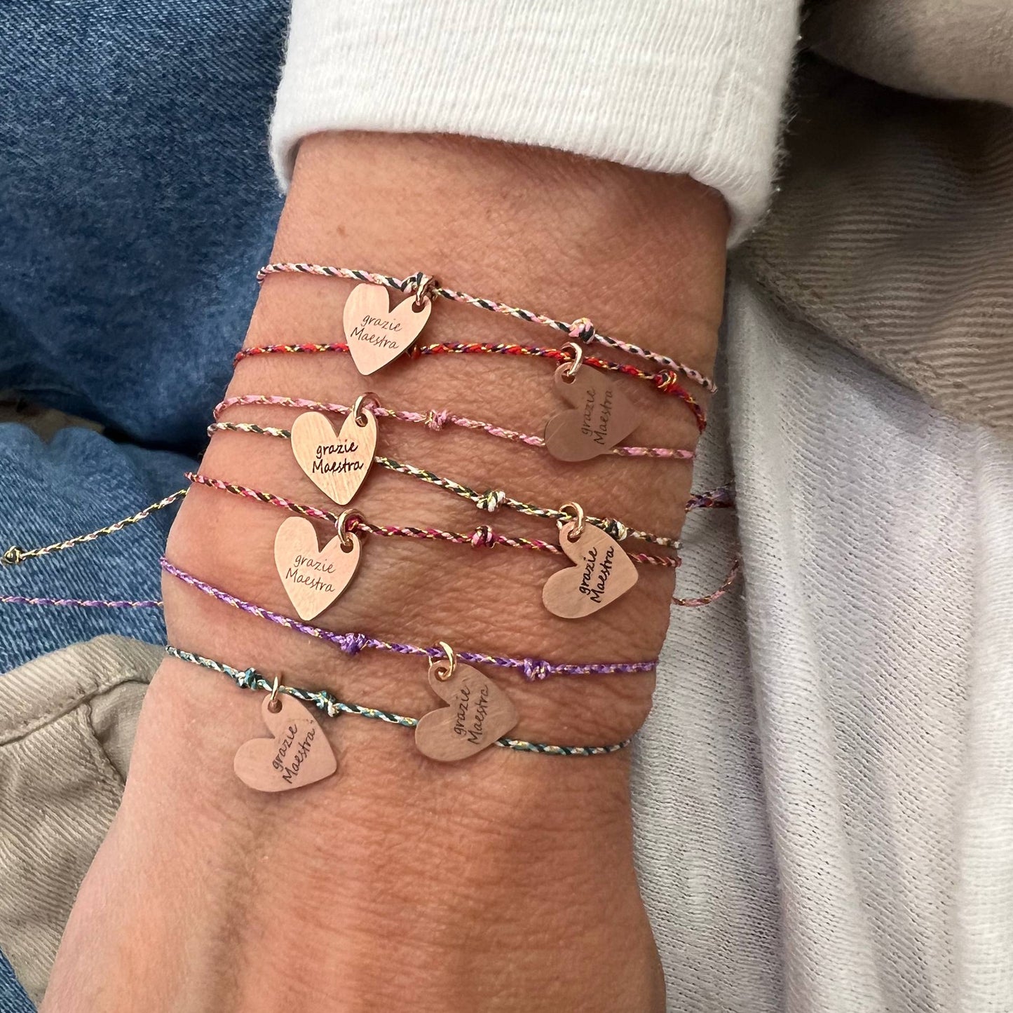 Bracciale Cordino "Grazie Maestra" — Cuore Rosé argento 925 Inciso Regolabile - Lumiere Bijoux