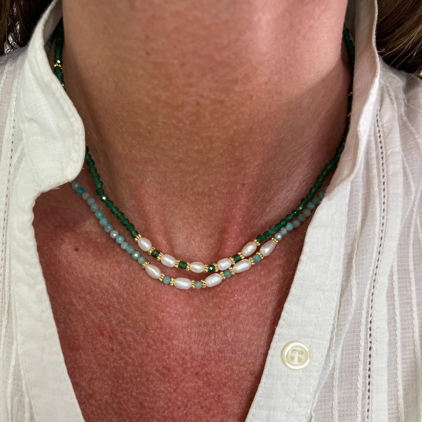 Collana cristalli e perle risino naturali bianche cm 38 base ottone - Lumiere Bijoux